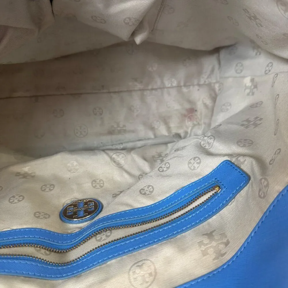 Tory Burch Blue Leather‎ Tote Bag Perforated Details Gold Logo  Shopper Tote